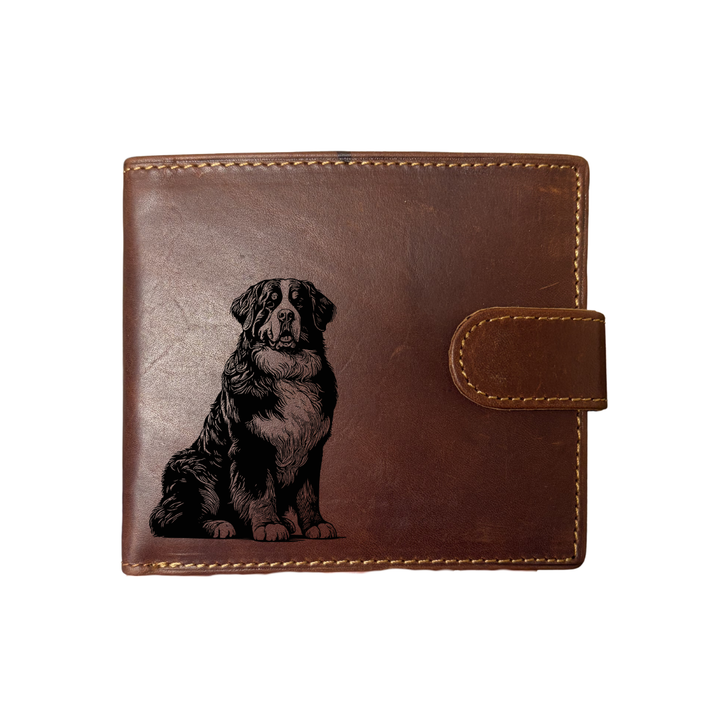 Personalised Bernese Mountain Dog Sitting Engraved Dark Tan Genuine Leather Wallet