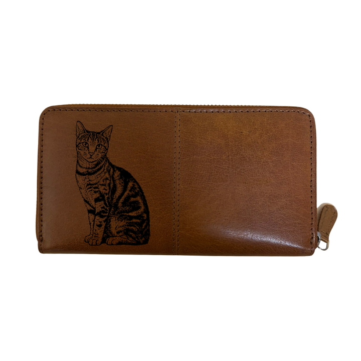 Shorthair Tabby Cat Sitting Engraved Large Leather Purse