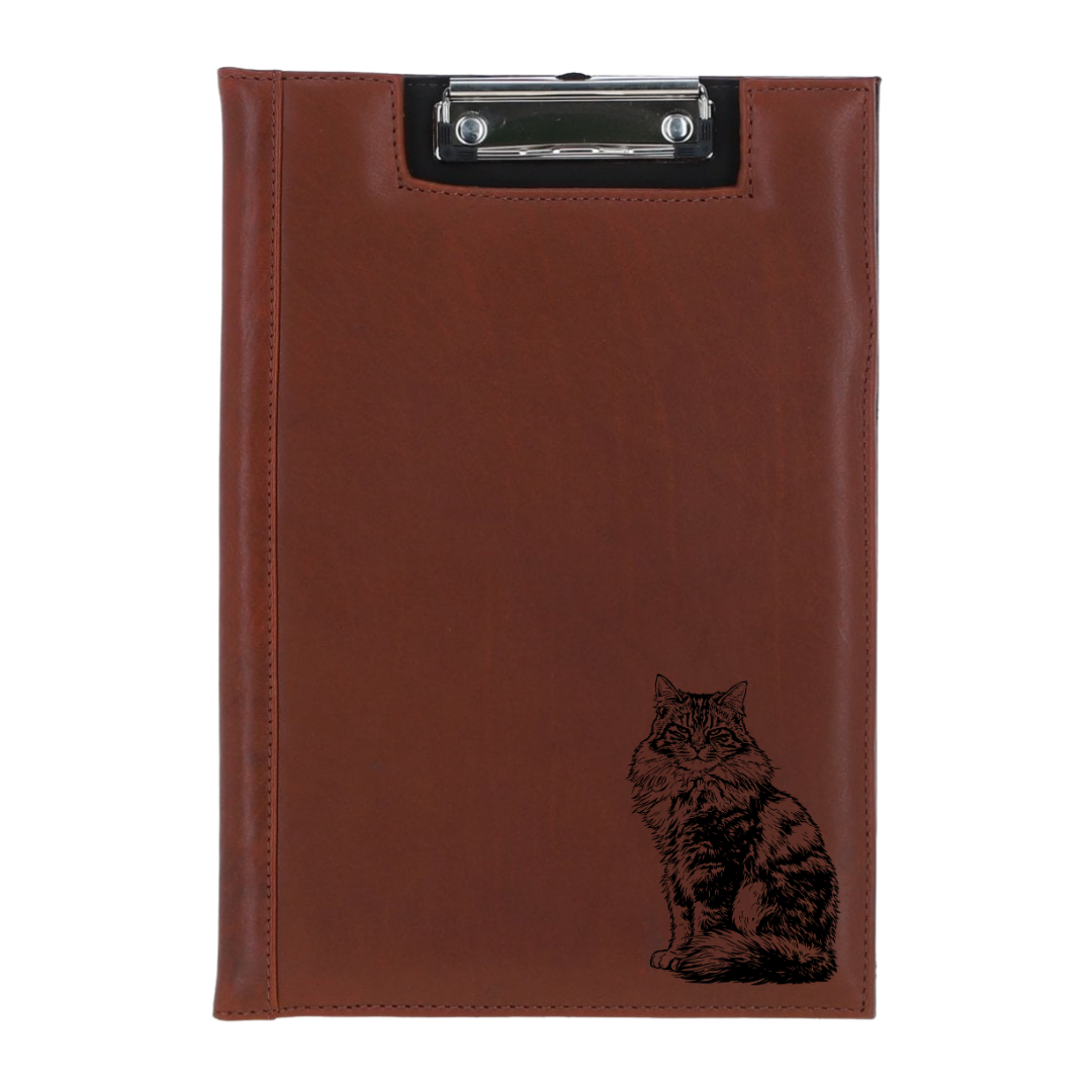 Longhair Tabby Cat Sitting Engraved Leather Clipboard