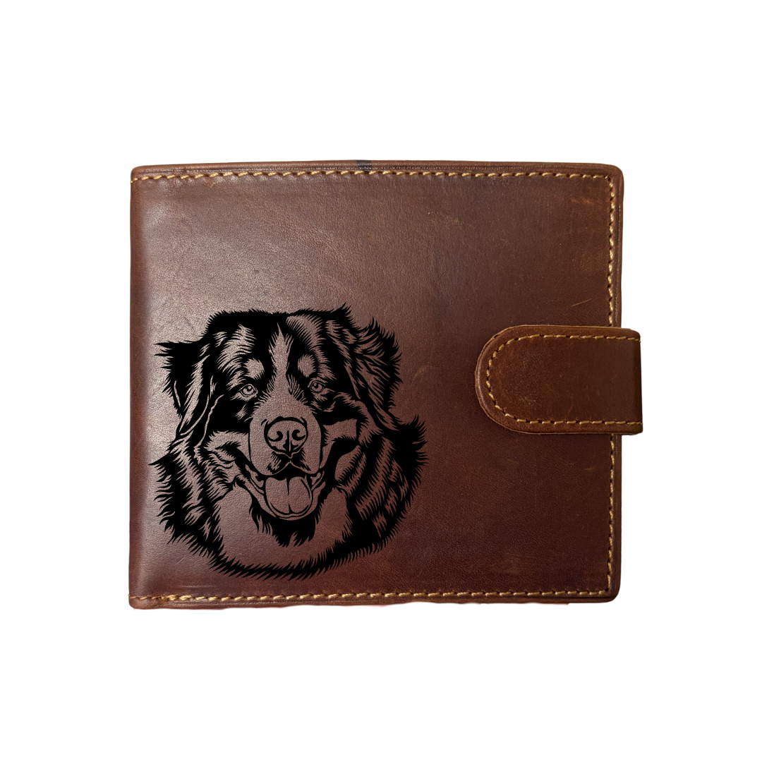 Personalised Bernese Mountain Dog Face Engraved Dark Tan Genuine Leather Wallet