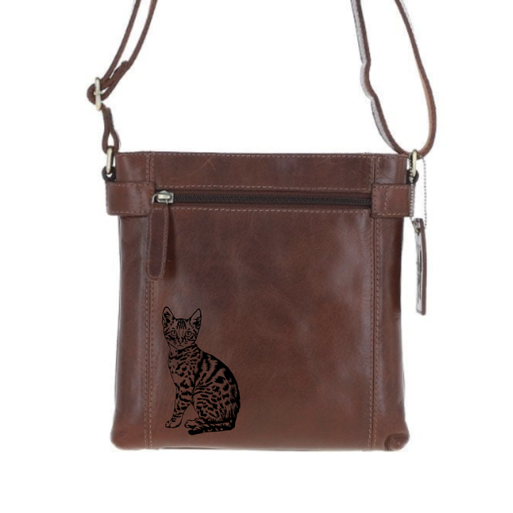 Bengal Cat Engraved Leather Two Section Zip Top Crossbody Bag
