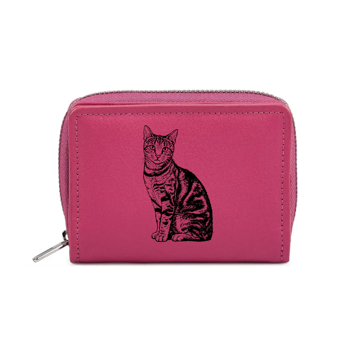 Tabby Cat Sitting Engraved Small Leather Purse (Green/Pink/Blue/Red)