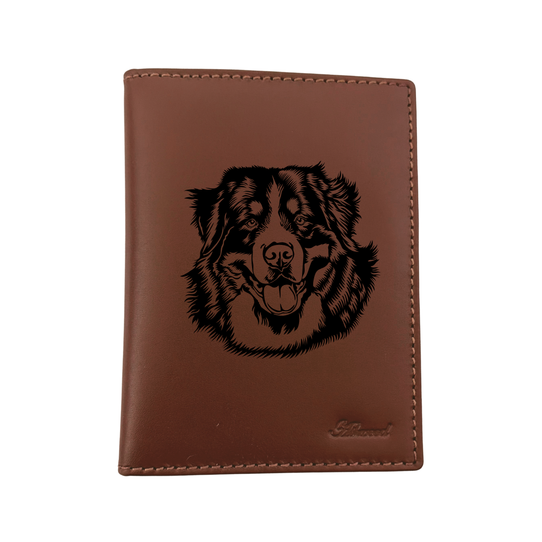 Bernese Mountain Dog Face Engraved Leather Passport Cover