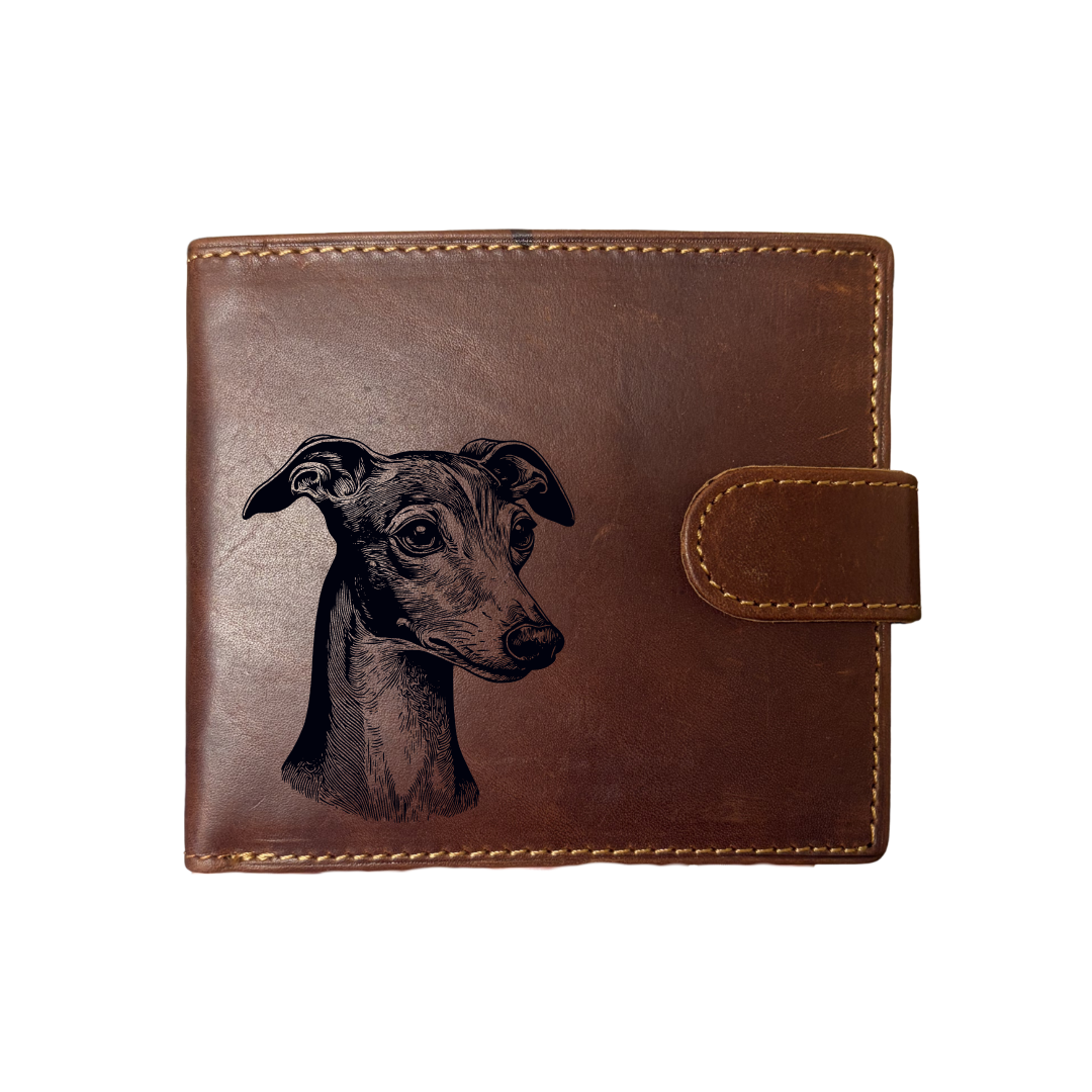 Personalised Italian Greyhound SP Face Engraved Dark Tan Genuine Leather Wallet