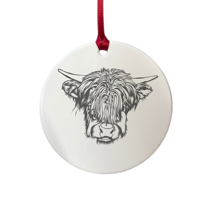 Personalised Highland Cow Face Engraved White Acrylic Decoration