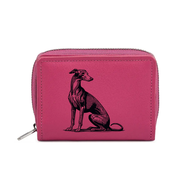 Italian Greyhound Sitting Engraved Small Leather Purse (Green/Pink/Blue/Red)