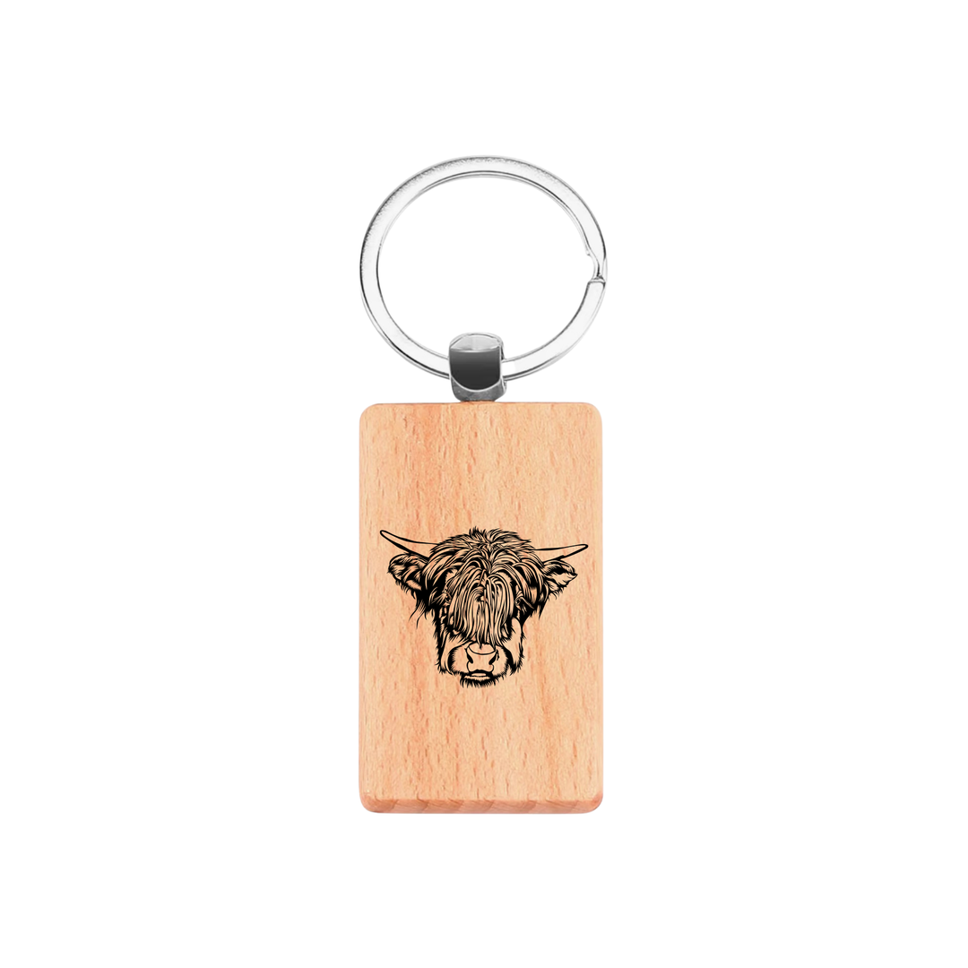 Highland Cow Face Engraved Rectangle Wooden Keyring