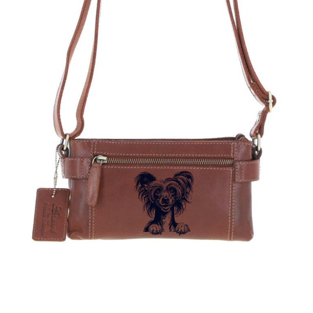 Personalised Chinese Crested Paws Engraved Small Leather Two Section Zip Top Crossbody Bag