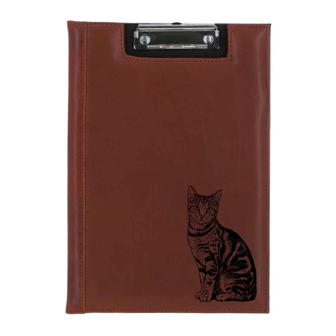 Tabby Cat Sitting Engraved Leather Clipboard