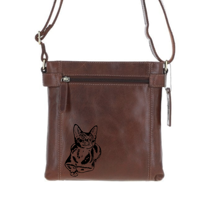 Abyssinian Cat Engraved Leather Two Section Zip Top Crossbody Bag