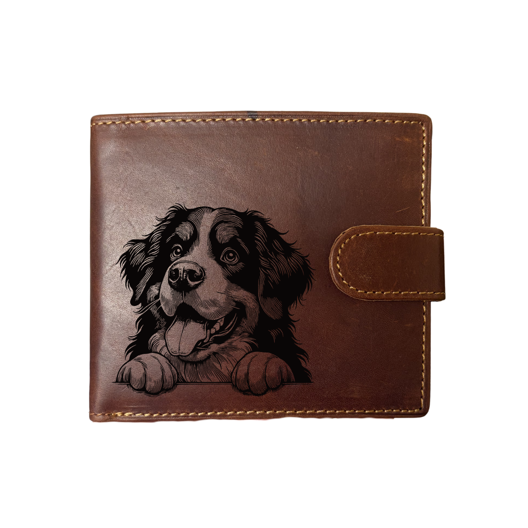 Personalised Bernese Mountain Dog Paws Engraved Dark Tan Genuine Leather Wallet