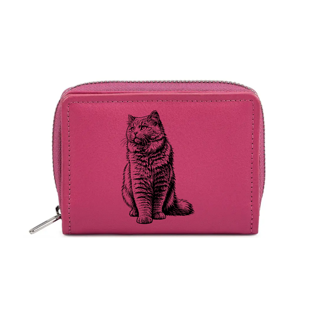 British Longhair Cat Sitting Engraved Small Leather Purse (Green/Pink/Blue/Red)