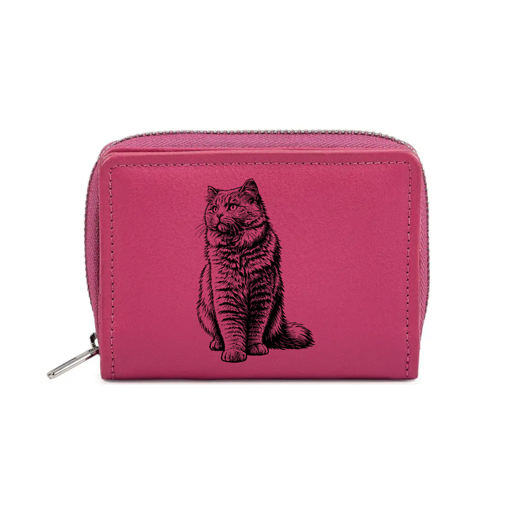 British Longhair Cat Sitting Engraved Small Leather Purse (Green/Pink/Blue/Red)