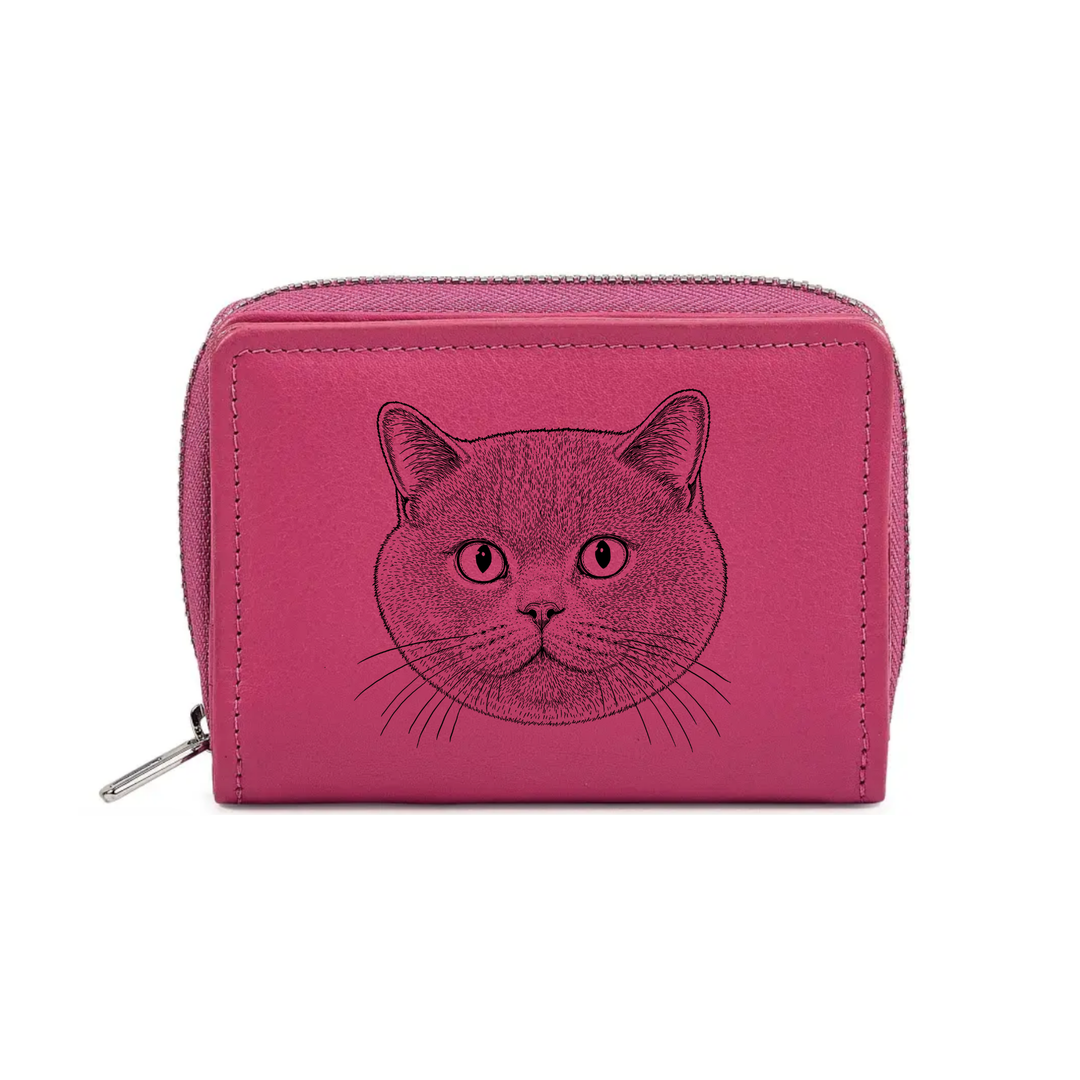 British Shorthair Cat Face Engraved Small Leather Purse (Green/Pink/Blue/Red)