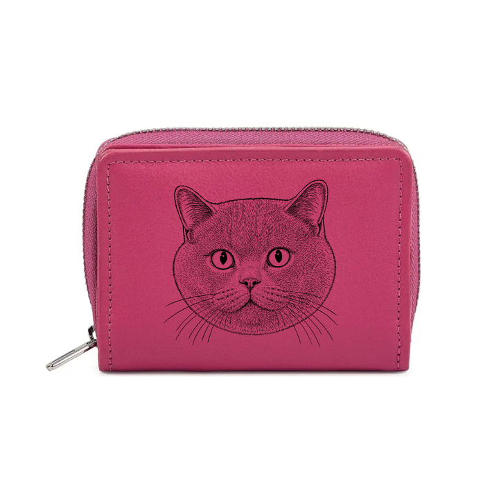 British Shorthair Cat Face Engraved Small Leather Purse (Green/Pink/Blue/Red)