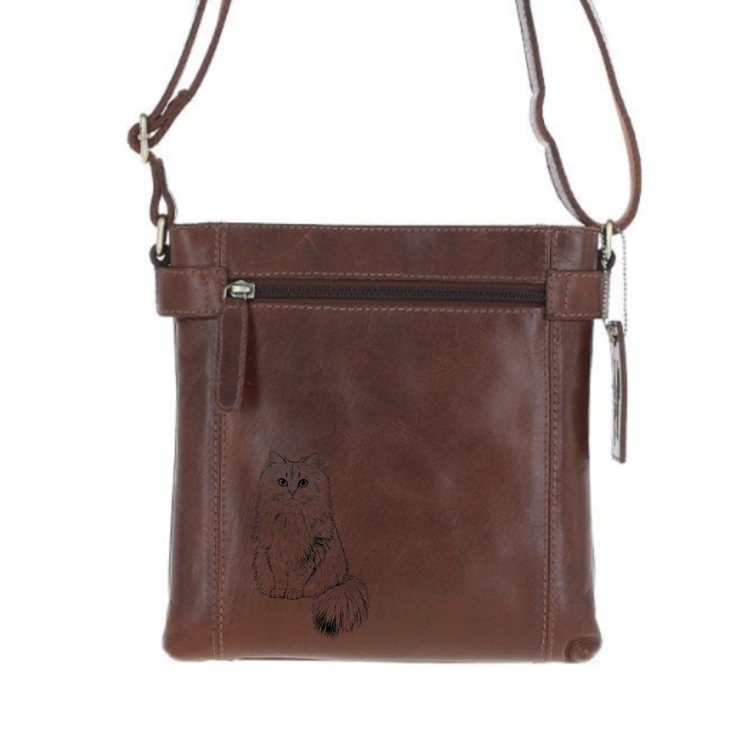 Persian Cat Sitting Engraved Leather Two Section Zip Top Crossbody Bag