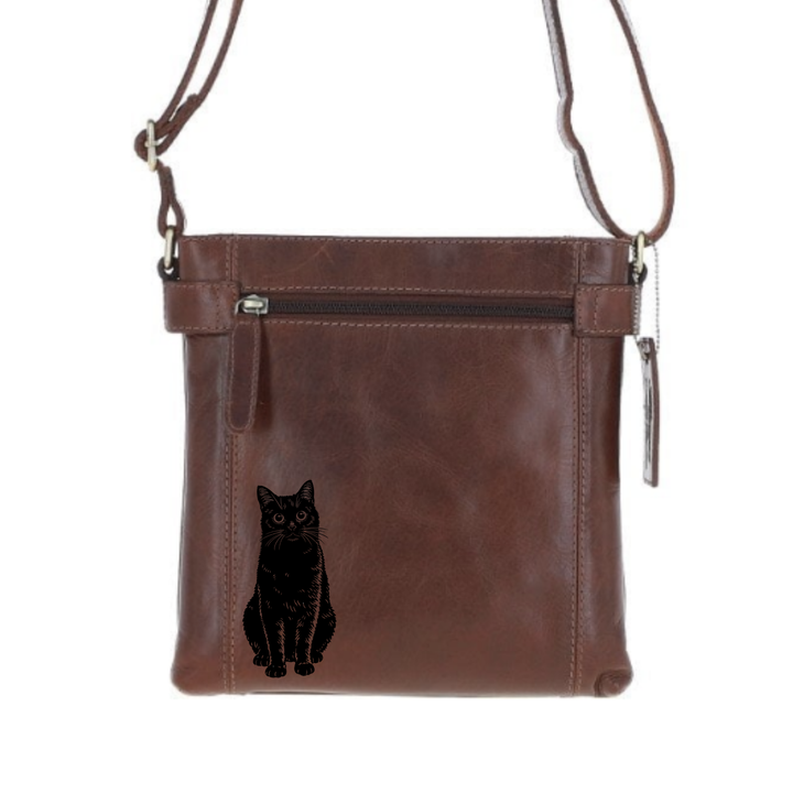 Black Cat Sitting Engraved Leather Two Section Zip Top Crossbody Bag
