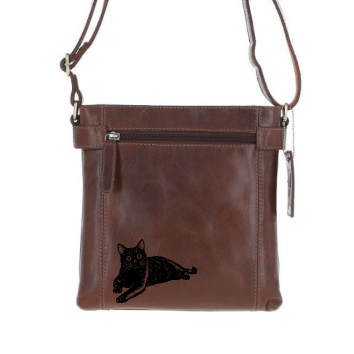 Black Cat Lying Down Engraved Leather Two Section Zip Top Crossbody Bag