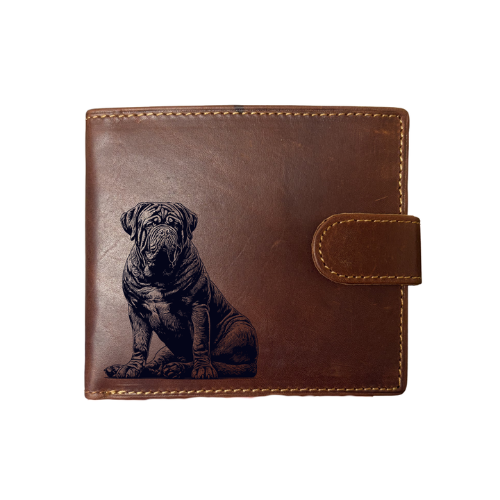Personalised Dogue De Bordeaux Sitting Engraved Dark Tan Genuine Leather Wallet