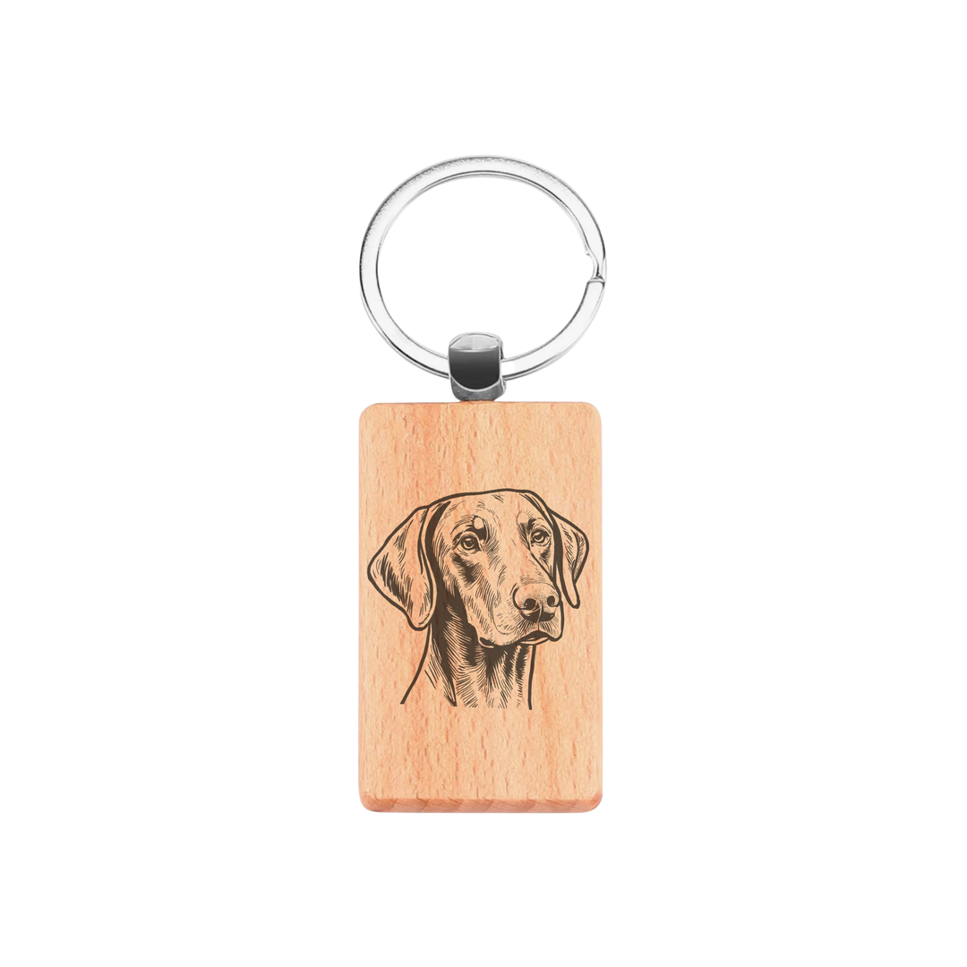 Dobermann Face Engraved Rectangle Wooden Keyring