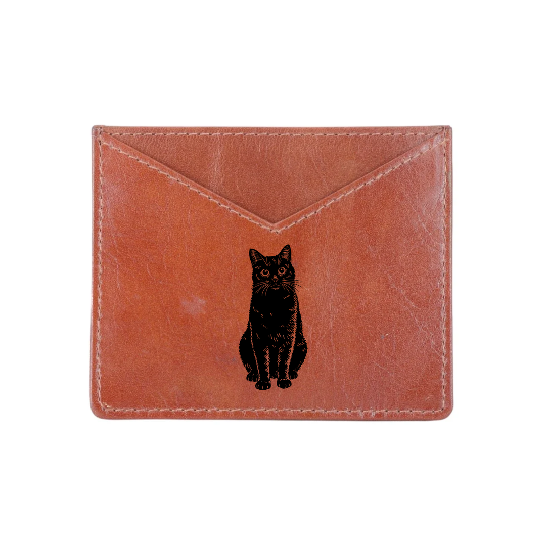 Black Cat Sitting Engraved Genuine Leather Cardholder