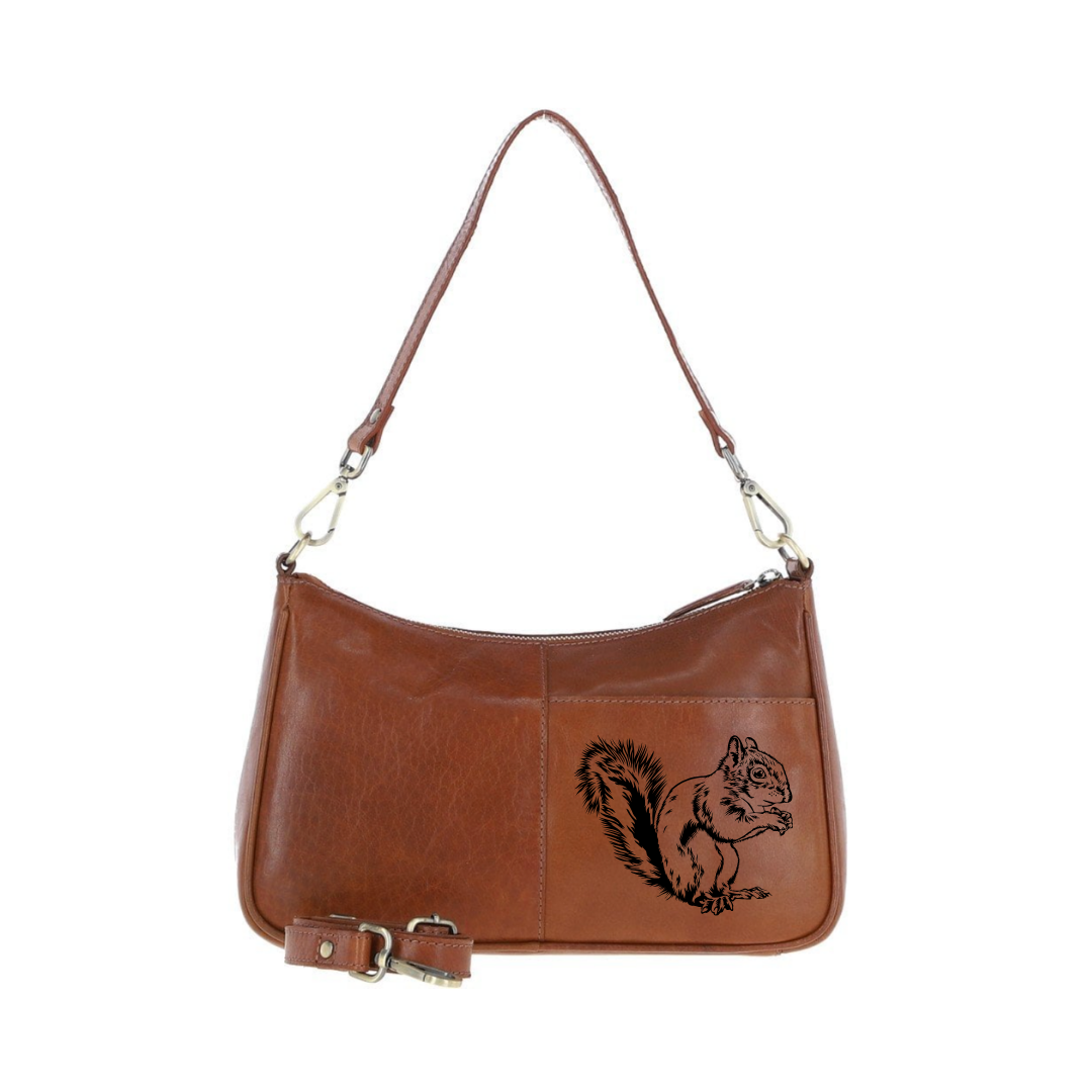 Squirrel Engraved Genuine Leather Shoulder Bag