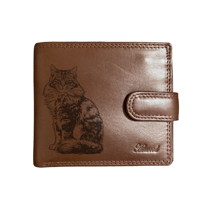 Personalised Long Tabby Cat Sitting Engraved Dark Tan Genuine Leather Wallet