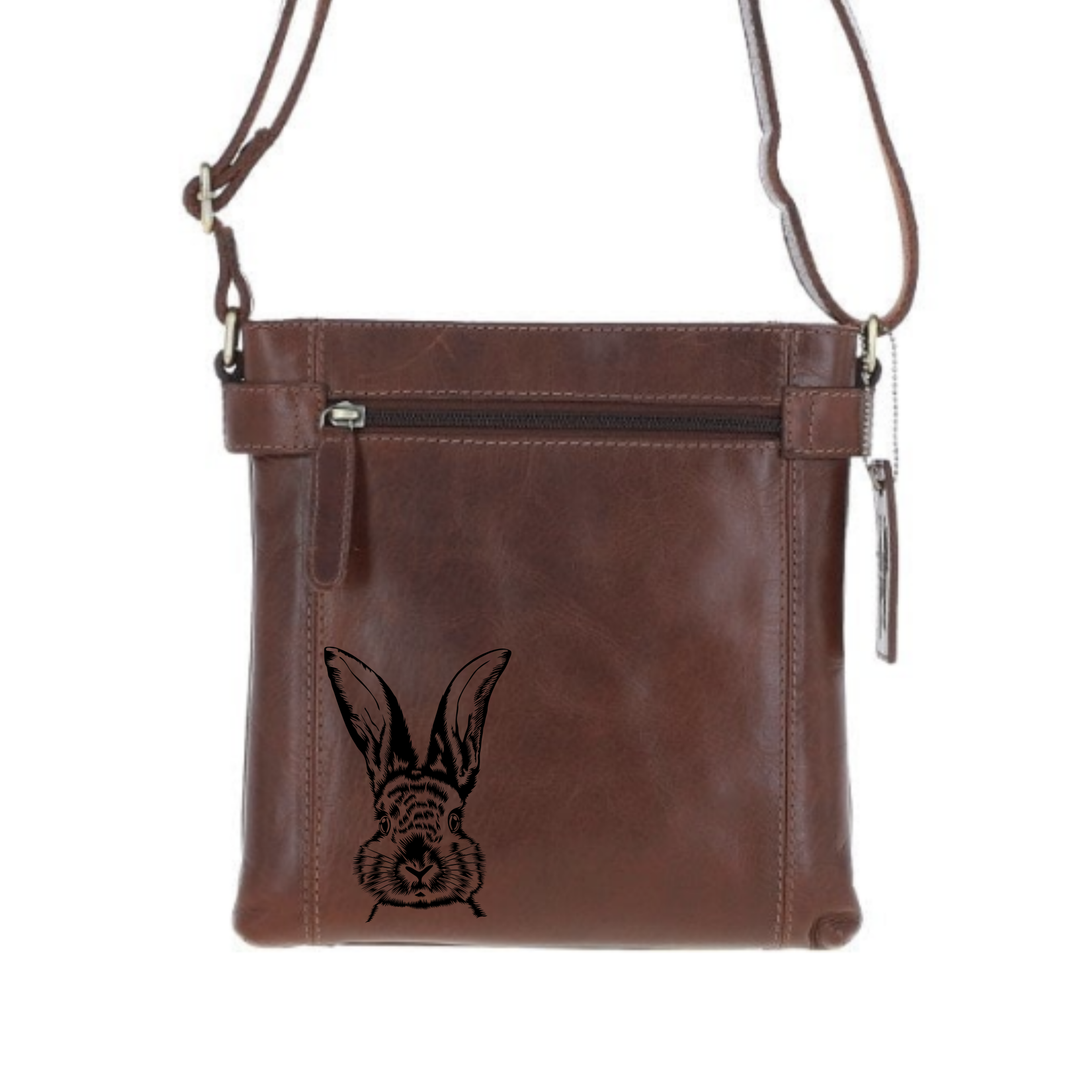 Hare Engraved Leather Two Section Zip Top Crossbody Bag