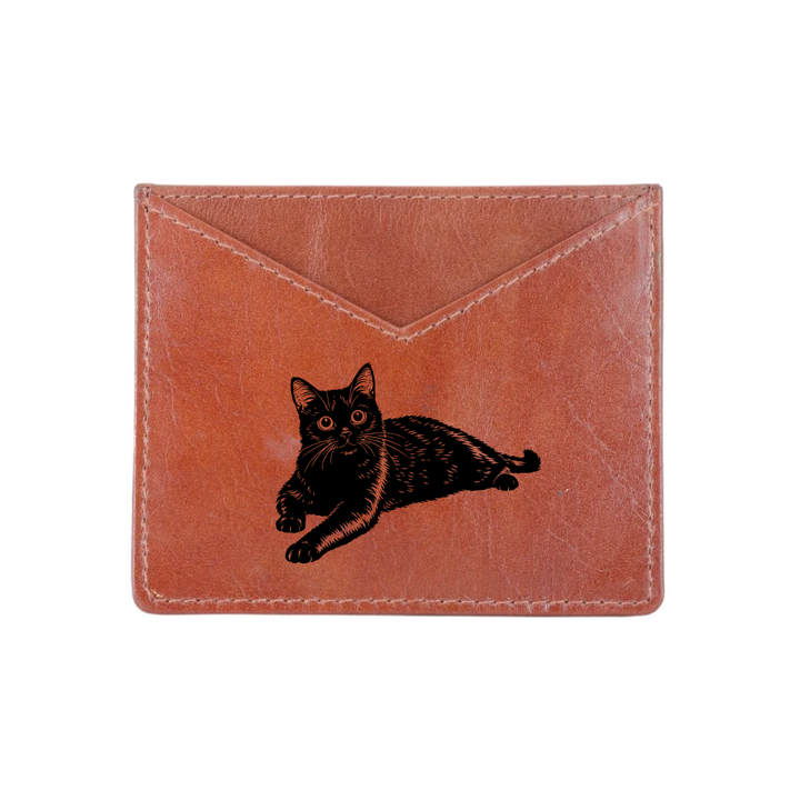 Black Cat Lying Down Engraved Genuine Leather Cardholder