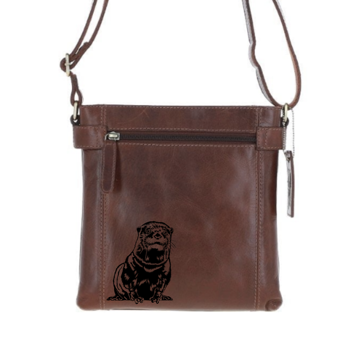 Otter Engraved Leather Two Section Zip Top Crossbody Bag