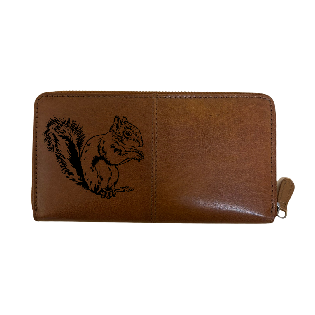 Squirrel Engraved Large Leather Purse