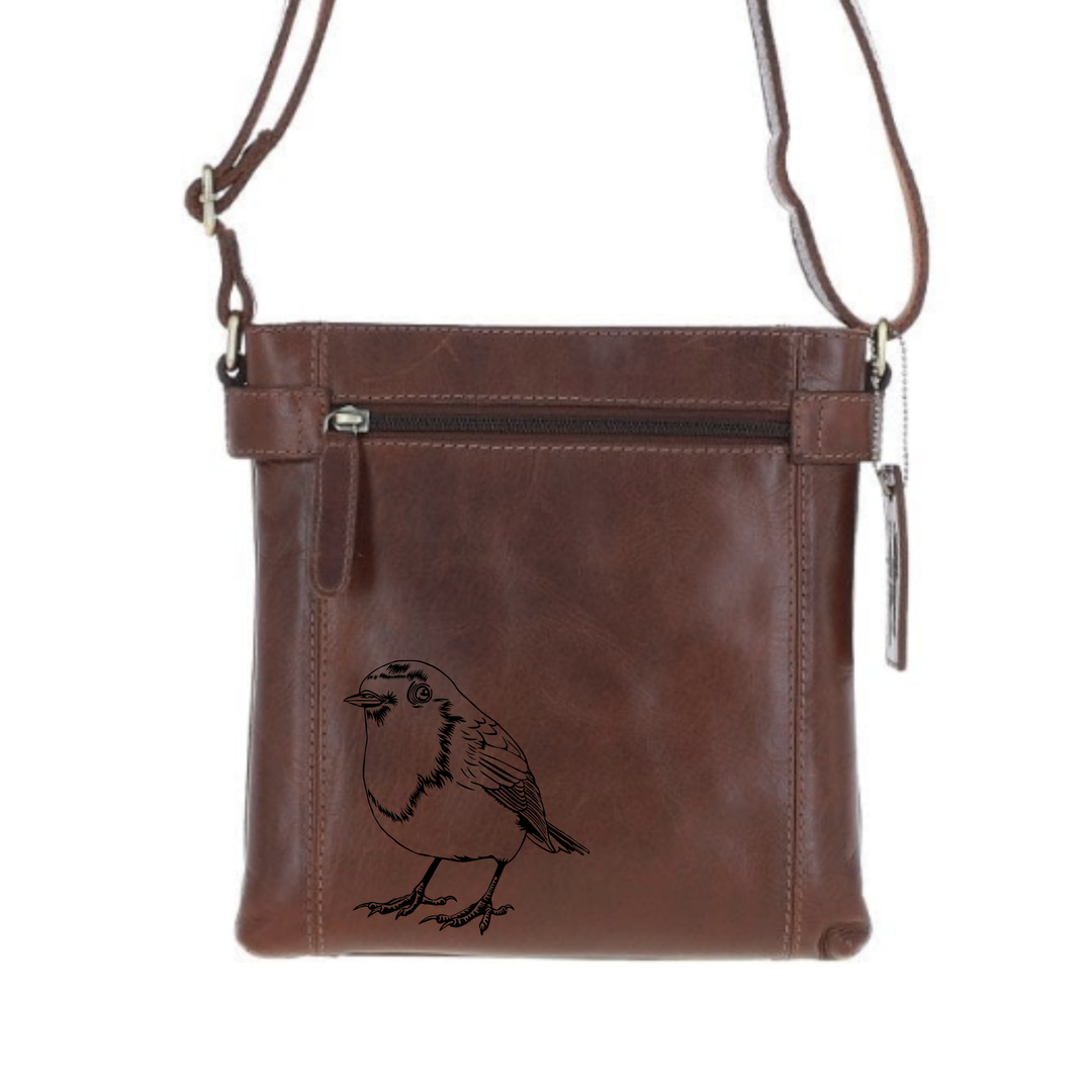 Robin Engraved Leather Two Section Zip Top Crossbody Bag