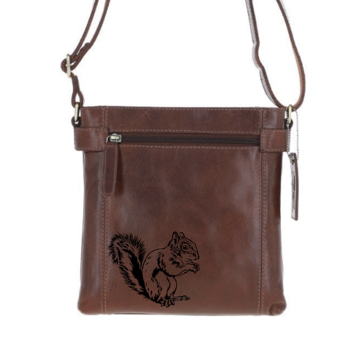 Squirrel Engraved Leather Two Section Zip Top Crossbody Bag