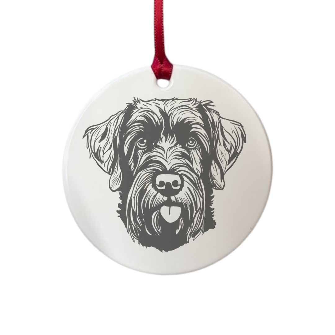 Personalised Russian Black Terrier Face Engraved White Acrylic Decoration