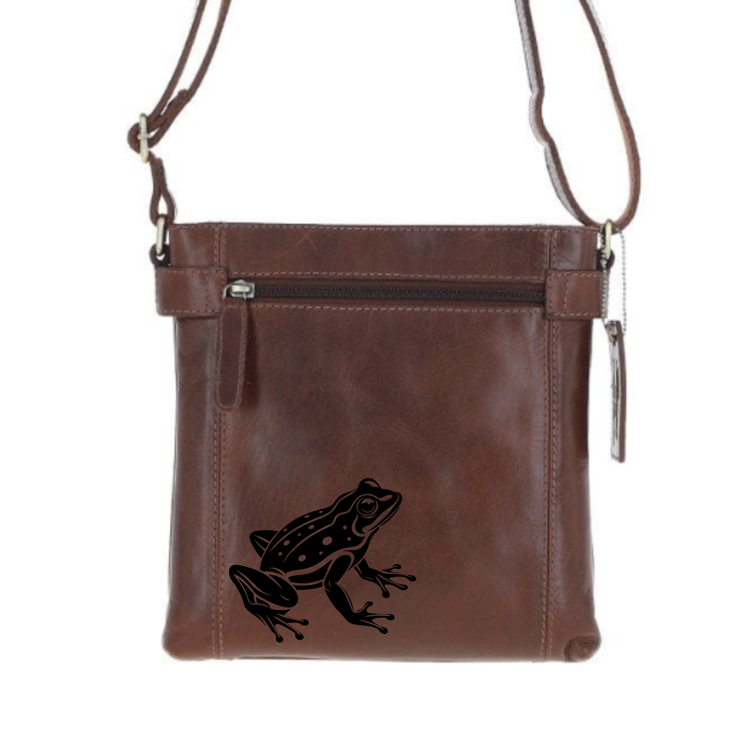Frog Engraved Leather Two Section Zip Top Crossbody Bag