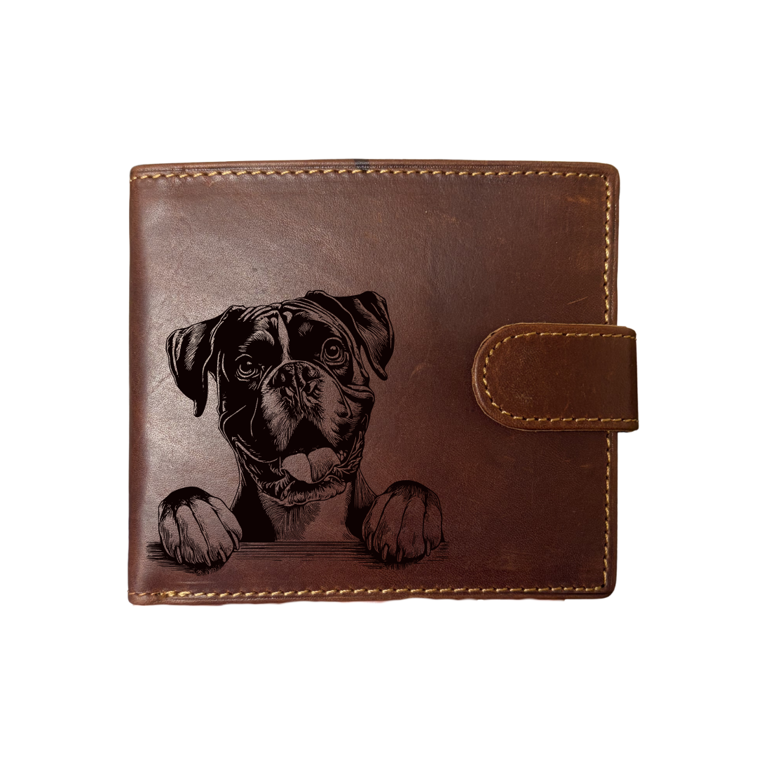 Personalised Boxer Paws Engraved Dark Tan Genuine Leather Wallet