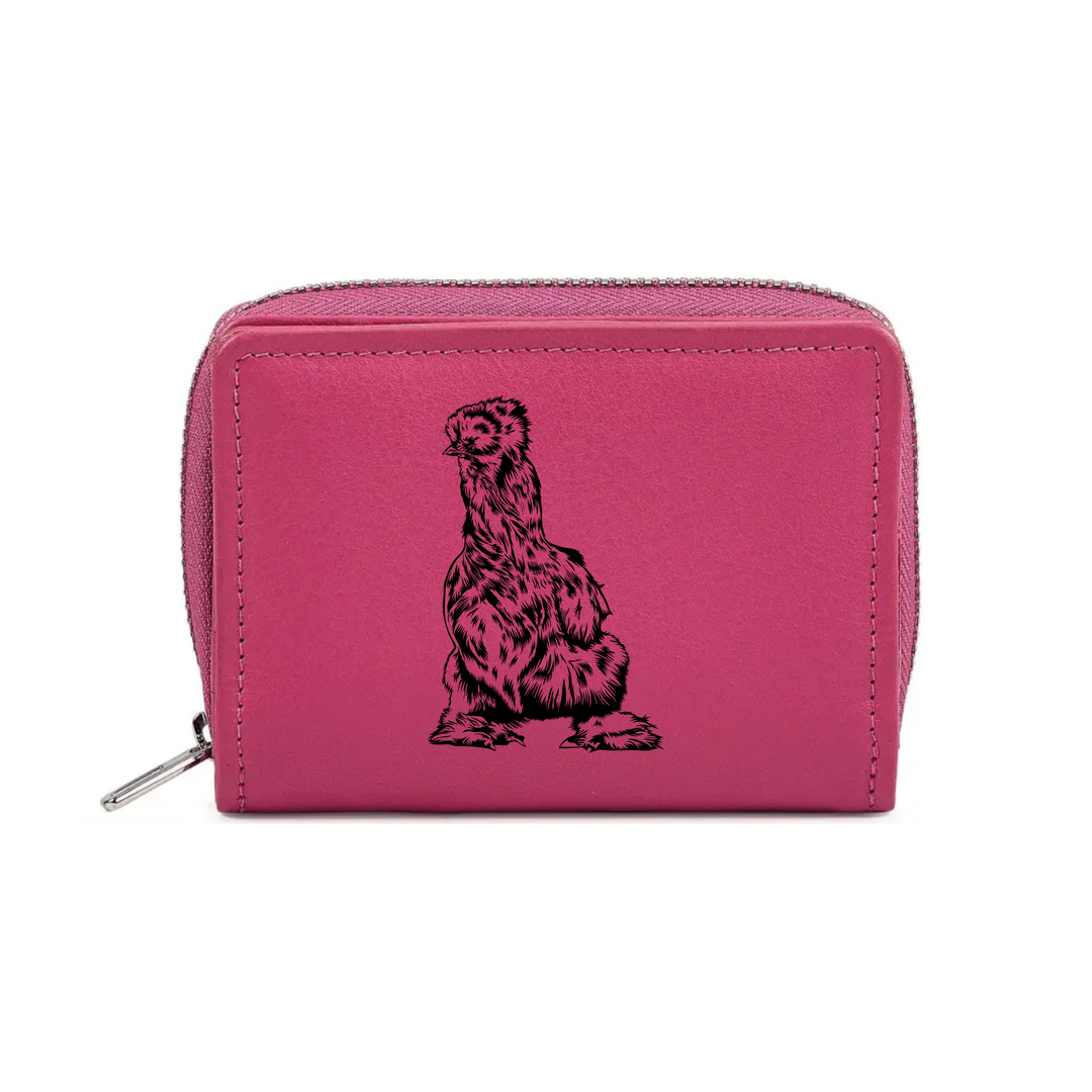 Silkie Chicken Engraved Small Leather Purse (Green/Pink/Blue/Red)