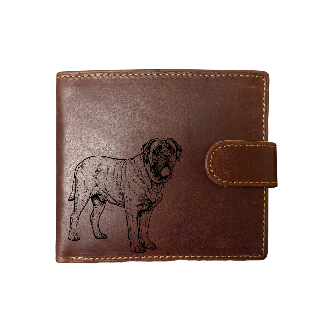 Personalised English Mastiff Standing Engraved Dark Tan Genuine Leather Wallet