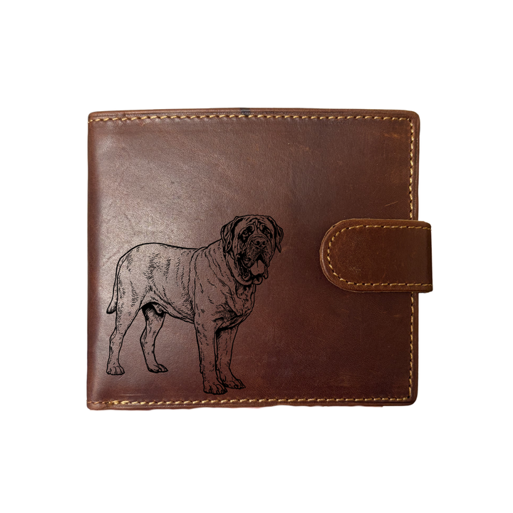 Personalised English Mastiff Standing Engraved Dark Tan Genuine Leather Wallet