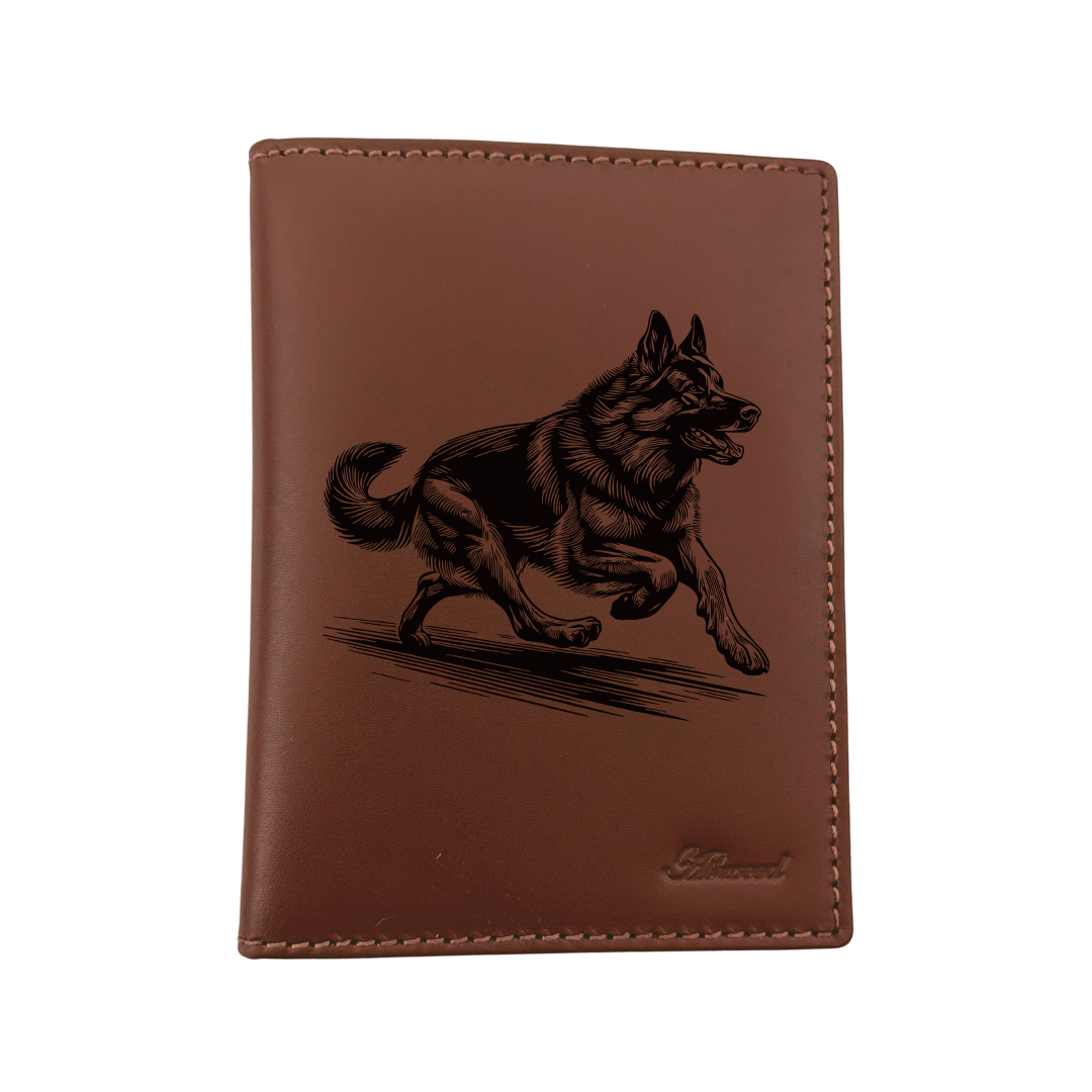 German Shepherd Alsatian Running Engraved Leather Passport Cover