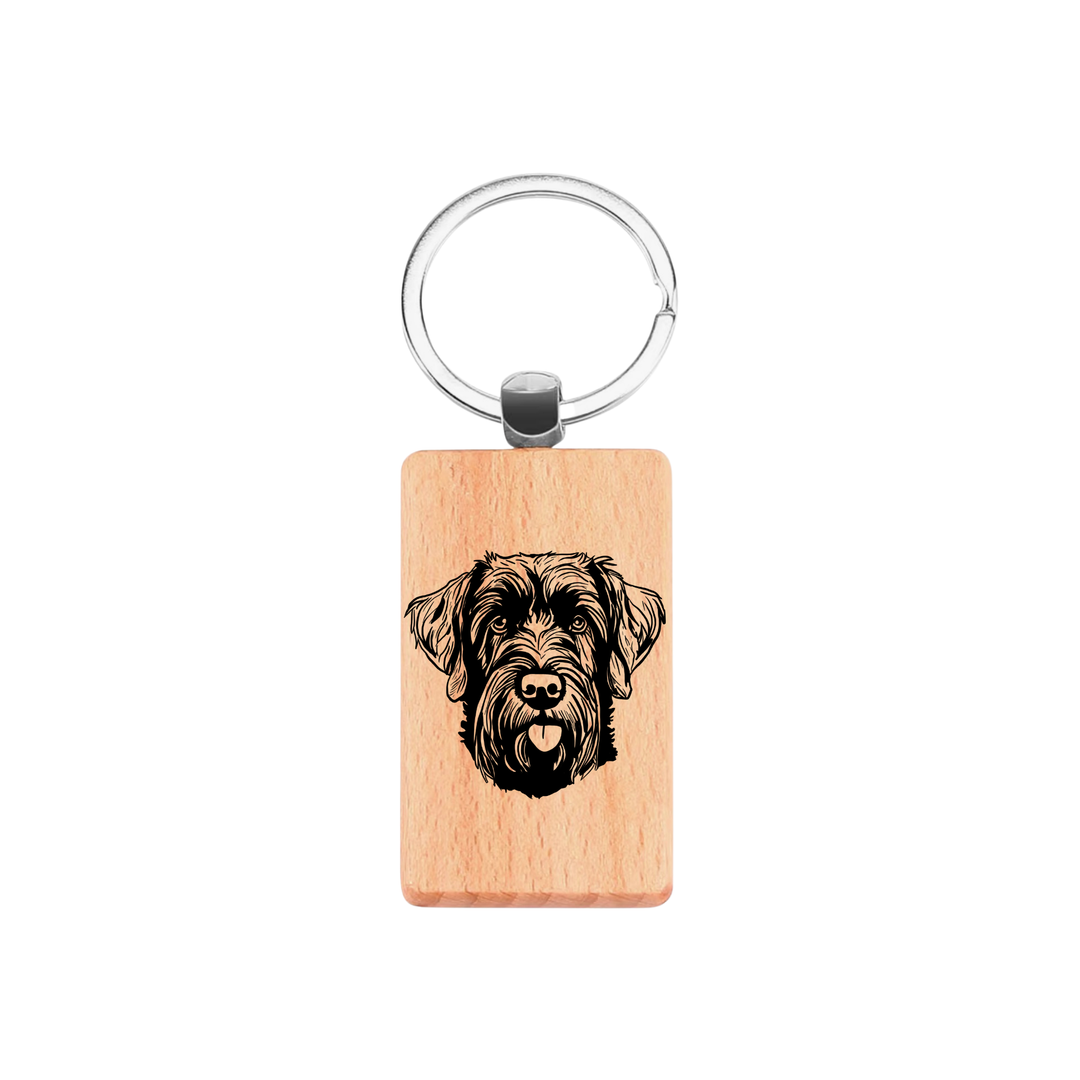 Russian Black Terrier Face Engraved Rectangle Wooden Keyring