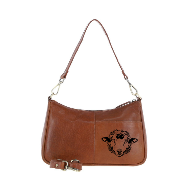 Sheep Face Engraved Genuine Leather Shoulder Bag