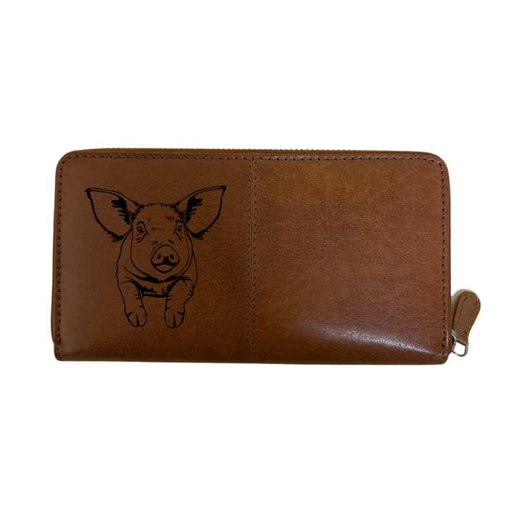 Pig Engraved Large Leather Purse