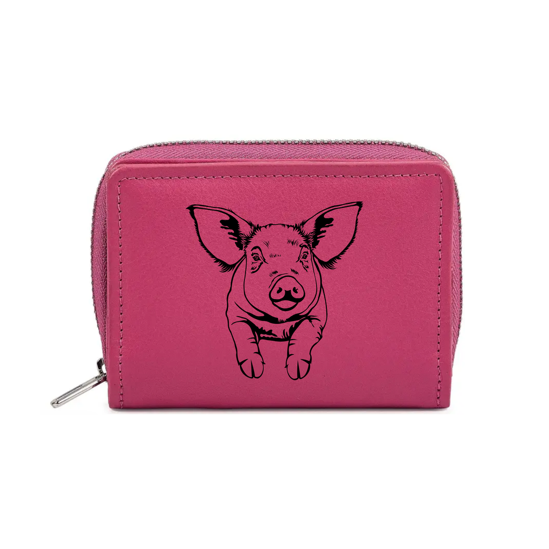 Pig Engraved Small Leather Purse (Green/Pink/Blue/Red)