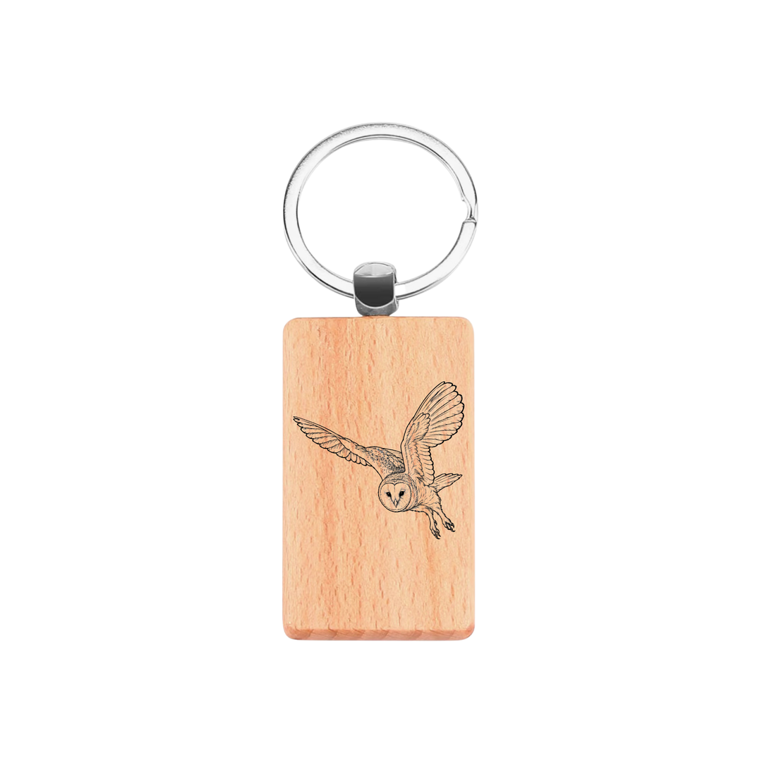 Flying Barn Owl Engraved Rectangle Wooden Keyring