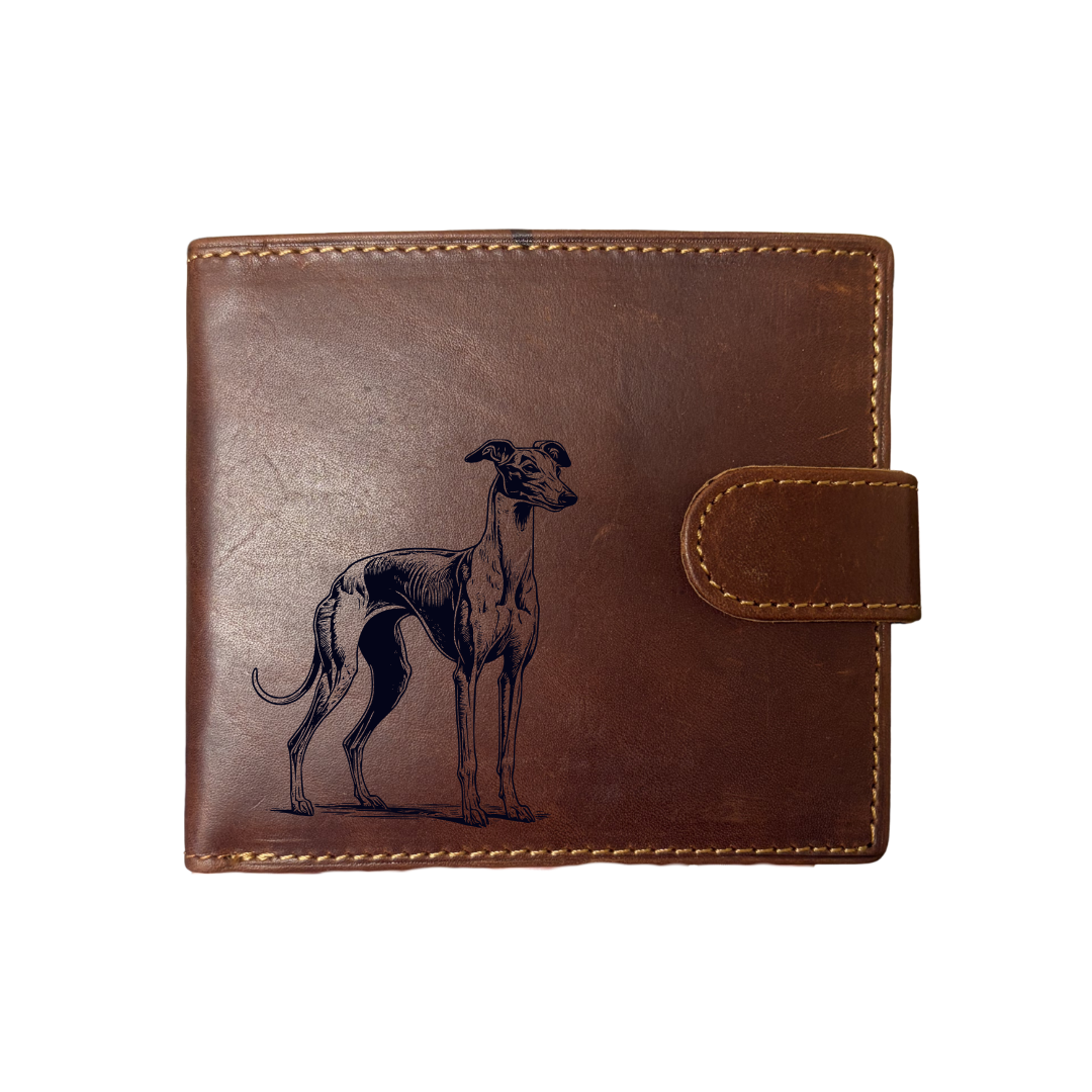 Personalised Italian Greyhound Standing Engraved Dark Tan Genuine Leather Wallet