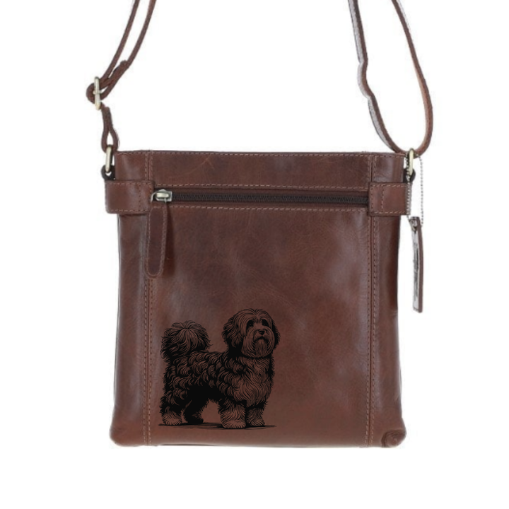 Havanese Standing Engraved Leather Two Section Zip Top Crossbody Bag