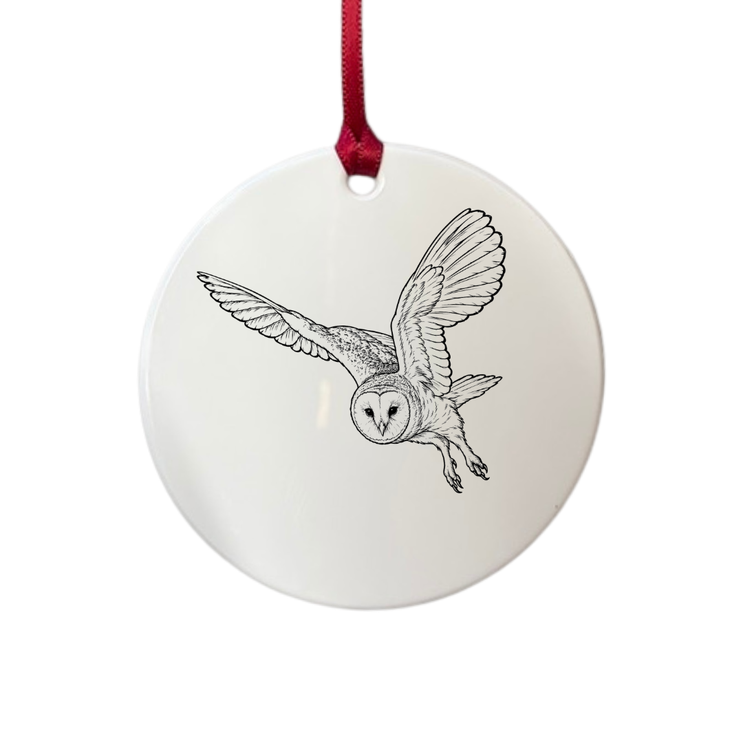 Personalised Flying Barn Owl Engraved White Acrylic Decoration