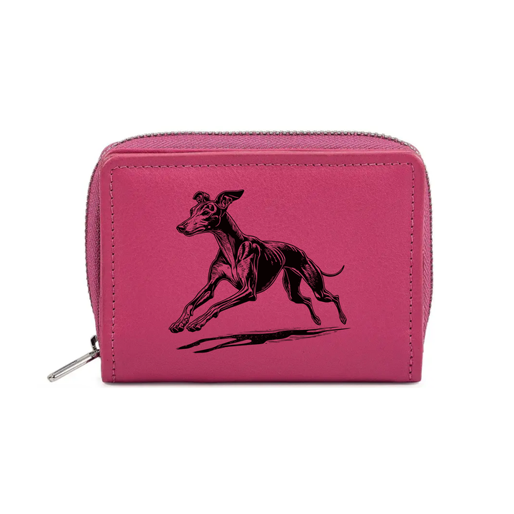 Italian Greyhound Running Engraved Small Leather Purse (Green/Pink/Blue/Red)