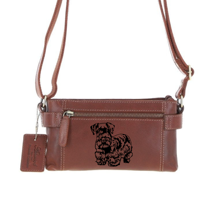 Personalised Cesky Terrier Engraved Small Leather Two Section Zip Top Crossbody Bag